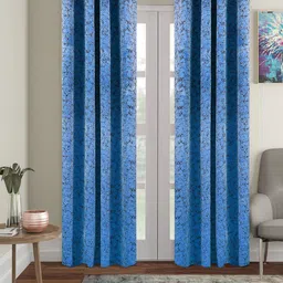 Cortina Blue & Black 2 Pieces Printed Room Darkening Velvet Long Door Curtains-39