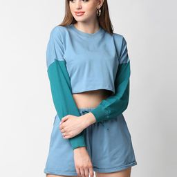 ANWAIND Women Blue & Green Colourblocked Pure Cotton Crop Top With Shorts-image-79