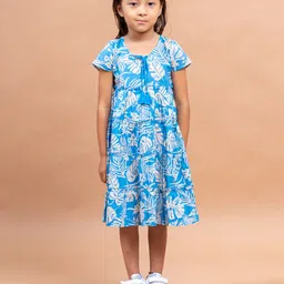 Sangria Girls Blue Floral Printed Tiered Pure Cotton A-line Midi Dress-image-76