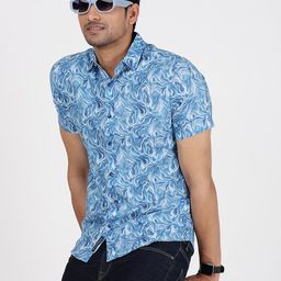 JADE BLUE Slim Fit Floral Printed Spread Collar Half Sleeves Cotton Shirt-image-82