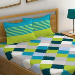 Huesland Blue & Green Geometric 144 TC Cotton Double King Bedsheet with 2 Pillow Covers-image-20