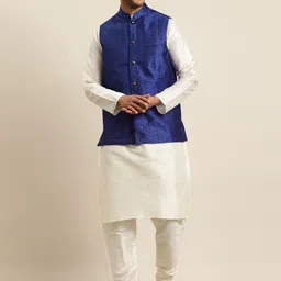 SOJANYA Men Off White Solid Kurta with Churidar & Nehru Jacket-6