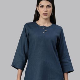 Ecentric Women Navy Blue High-Low Hemp Casual Top-image-86