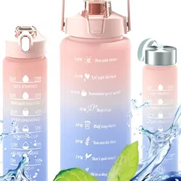 HOUSE OF QUIRK Pink & Blue 3 Pieces Printed Double Wall Vacuum Water Bottle with Straw-image-91