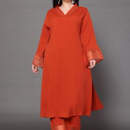 Varanga V Neck Long Flared Sleeves Regular Straight Kurta with Trouser-image-4