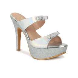 VALIOSAA Silver-Toned Party Stiletto Sandals with Bows 5 Inch Heels-48
