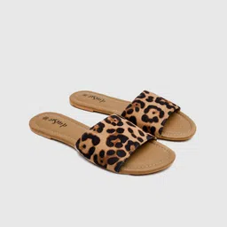 daisie Women Camel Brown Printed Open Toe Flats with Bows-image-0