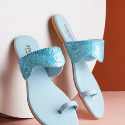 Anouk Turquoise Blue Embellished Fabric Open One Toe Flats-13