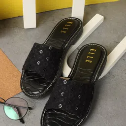 ELLE Embroidered Fabric Open Toe Flats-36