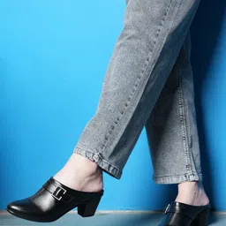 Mast & Harbour Black Buckle Detail Block Heel Mules-28