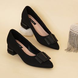 Sherrif Shoes Pointed Toe Textured Block Pumps With Bows-8