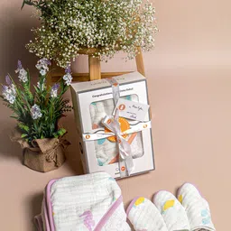 OOKA Infant Set Of 4 Purple & White Printed Bath Towel With Gift Box-picture-57