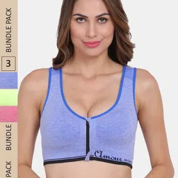 Amour Secret Pack Of 3 Anti Odour Styled Back Lightly Padded Front Zipper Open Sports Bra-32