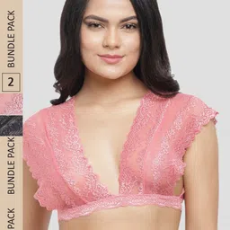 N-Gal Pack Of 2 Floral Lace Non-Padded Anti-Odour Bralette Bra NRBR05-Black-Pink-picture-0