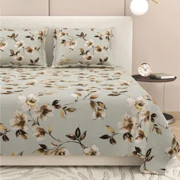 DREAM WEAVERZ Grey & Brown Floral 220 TC King Bedsheet with 2 Pillow Covers-image-94