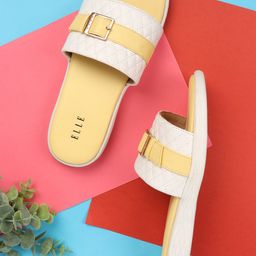 ELLE Women Yellow Textured Synthetic Open Toe Flats with Buckles-17