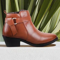 Mochi Tan Block Heeled Boots with Buckles-40