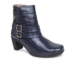 VALIOSAA Navy Blue Textured Block Heeled Boots-8