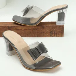 DressBerry Grey Open Toe Block Heels With Bow-8
