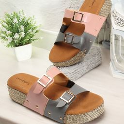 DressBerry Pink & Grey Colourblocked Double Open Toe Flatform Heels With Buckles-48