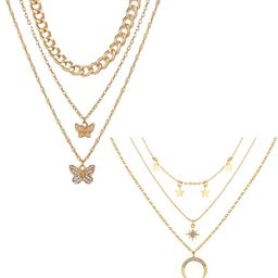 Vembley Set Of 2 Gold-Plated Layered Triple Layered Stars Moon & Butterfly Necklace-image-59