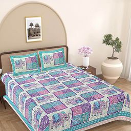FrionKandy Living Turquoise Blue & Pink Ethnic Motifs 180 TC King Bedsheet with 2 Pillow Covers-image-90