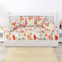 Trance Home Linen Set Of 6 Red & Cream Floral-Printed 200 TCDiwan Set-27
