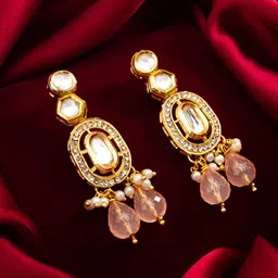 Anouk Gold-Plated Artificial Stones Studded & Pearls Beaded Contemporary Drop Earrings-3