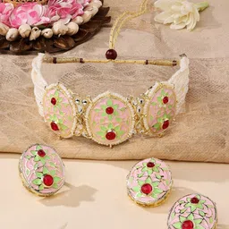 Zaveri Pearls Gold-Plated & Pink Stone-Studded Pearl Beaded Choker Jewellery Set-4