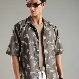 HERE&NOW Men Relaxed Fit Floral Printed Cuban Collar Cotton Casual Shirt-picture-17
