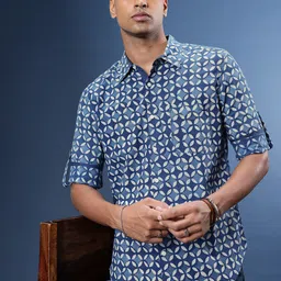 Taavi Men Comfort Indigo Hand Block Printed Geometric Pure Cotton Casual Shirt-17