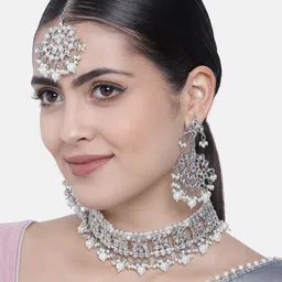 I Jewels Silver-Toned & White Floral Studded Rhodium-Plated Choker Jewellery Set-image-67