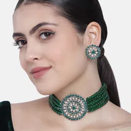 I Jewels Silver-Toned & Green Floral Studded Rhodium-Plated Choker Jewellery Set-41