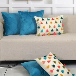 Ode & Cleo Blue & Cream-Coloured Set of 5 Embroidered Square Cushion Covers-2