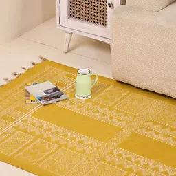 Peepul Tree Mustard Yellow and White Mandana Block Printed Cotton Carpet-35
