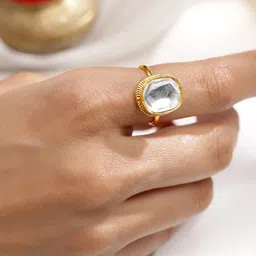 Rubans 18K Gold-Plated Oversized White Kundan Classic Cushion Design Adjustable Ring-7