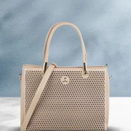 Mochi Women Beige Textured PU Structured Handheld Bag with Cut Work-2