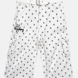ADBUCKS Boys White Printed Relaxed Easy Wash Chambray 3/4th Cargos Trousers-image-84