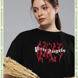 HERE&NOW Women Black & Red Typography Printed Pure Cotton T-shirt-image-59