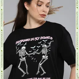HERE&NOW Women Black & White Printed Pure Cotton T-shirt-picture-26