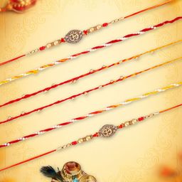 Yellow Bee Set Of 6 Thread Rakhis With Greeting Card & Roli Chawal Holder-image-5