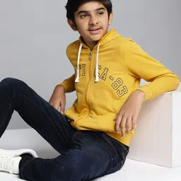Nautica Boys Yellow Brand Logo Applique Detail Hooded Pure Cotton Sweatshirt-picture-37