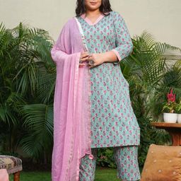 NANGALIA RUCHIRA Women  Plus Size Blue Floral Printed Pure Cotton Kurta with Trousers & With Dupatta-picture-16