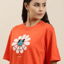 Difference of Opinion Women Orange Typography Printed Pure Cotton Oversized T-Shirt-image-46