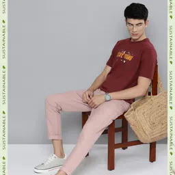 HERE&NOW Men Maroon & Mustard Yellow Typography Printed Pure Cotton T-shirt-image-27