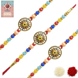 MEIRA JEWELLERY Set Of 3 Rakhi With Roli Chawal & Greetings Card Set-image-101