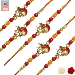 MEIRA JEWELLERY Set Of 5 Rakhi With Roli Chawal & Greetings Card Set-34