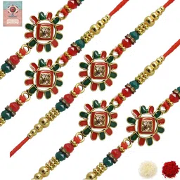 MEIRA JEWELLERY Set Of 5 Rakhi With Roli Chawal & Greetings Card Set-31