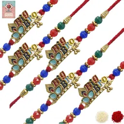 MEIRA JEWELLERY Set Of 5 Rakhi With Roli Chawal & Greetings Card Set-22