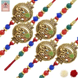 MEIRA JEWELLERY Set Of 5 Rakhi With Roli Chawal & Greetings Card Set-29